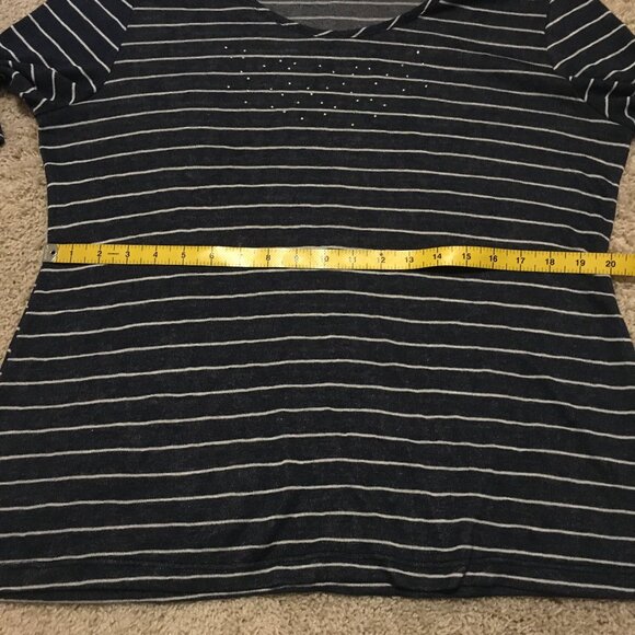 Canadian Rhinestone Collar Half Sleeve Distressed Rayon Striped Top - Picture 13 of 16